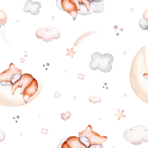 Watercolor Pattern Children Fox Print Baby Fabric Poster Pink Beige — 스톡 사진