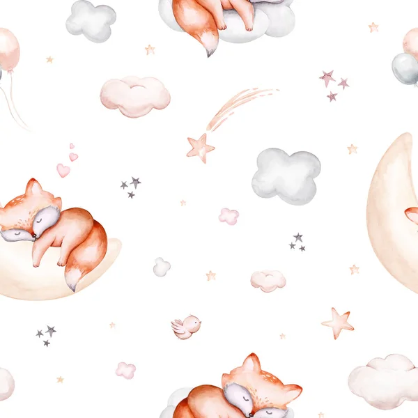 Watercolor pattern for children with fox. print for baby fabric, poster pink with beige and blue clouds, moon, sun. Nursery print illustration textile.