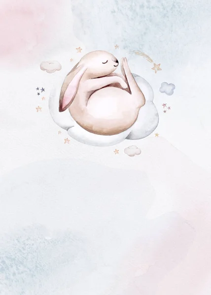 Акварельный Ручной Рисунок Милого Кролика Спящего Луне Облаке Baby Shower — стоковое фото