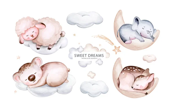 Watercolor elephant hand drawn illustration of a cute baby sheep, lamb, sleeping rabbit and bunny, koala and deer fawn on the moon and the cloud. Baby Shower nursery Theme Invitation.