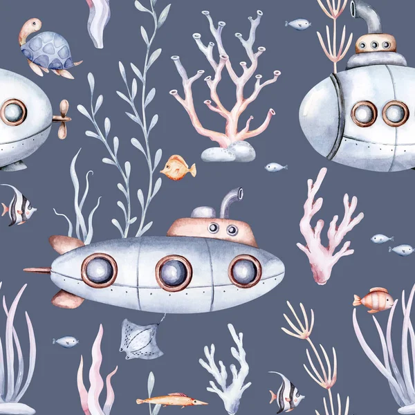 Watercolor Seamless Pattern Cute Cartoon Kids Submarine Texture Wallpaper Print — Photo