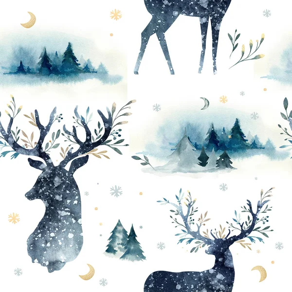 Watercolor winter forest pattern with deer white Background.