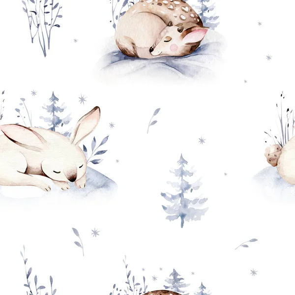 Акварельные Зимние Узоры Оленя Оленем Совы Кролики Медведи Птиц Белом — стоковое фото