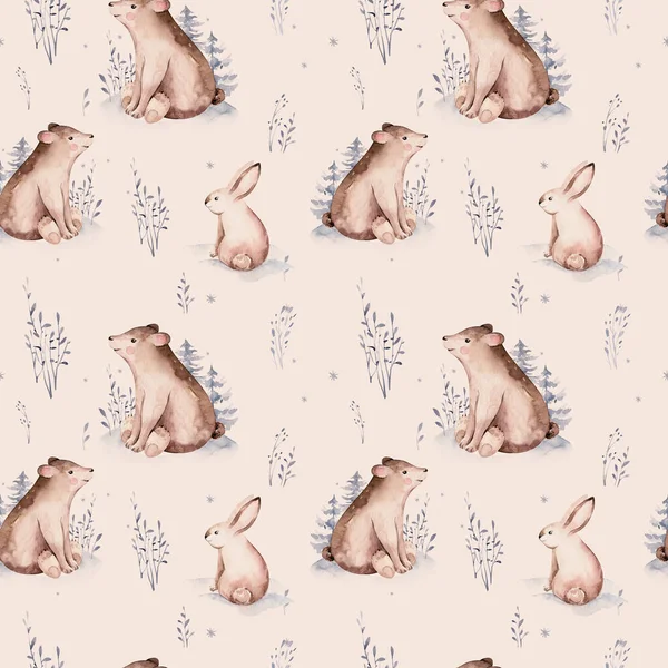 Yavru Geyikli Suluboya Kış Desenleri Baykuş Tavşanları Beyaz Arka Planda — Stok fotoğraf