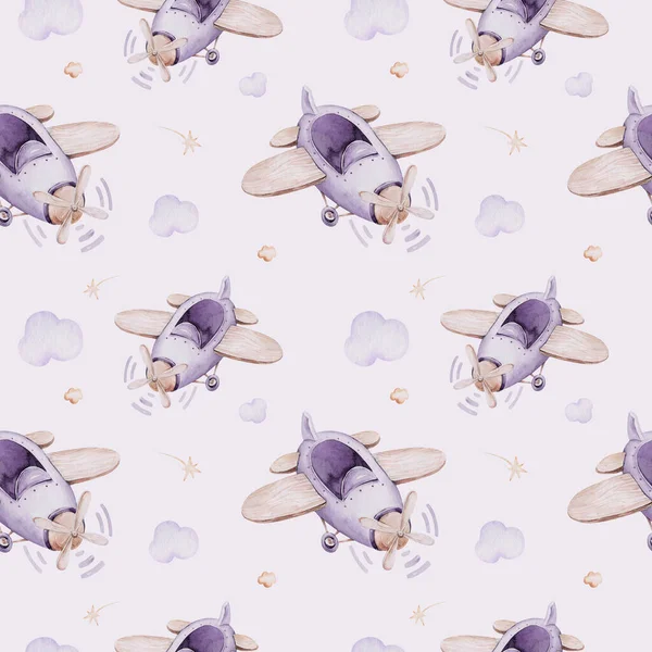 Watercolor purple illustration of a cute and fancy sky scene complete with airplanes and balloons, clouds. Baby Boy and girl pattern. baby shower, nursery design.