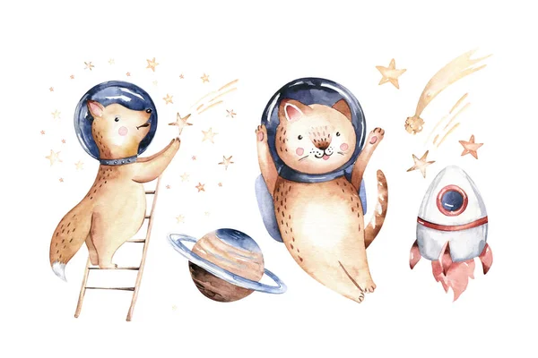 Astronaut baby boy girl, fox and cat space suit, cosmonaut stars, planet, moon, rocket and shuttle isolated watercolor space ship illustration on white background, Spaceman cartoon kid astronout. universe illustration nursery.