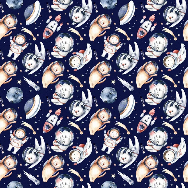 Astronaut seamless pattern. Universe kids Baby boy girl elephant, fox cat and bunny, space suit, cosmonaut stars, planet, moon, rocket and shuttle watercolor space ship background.