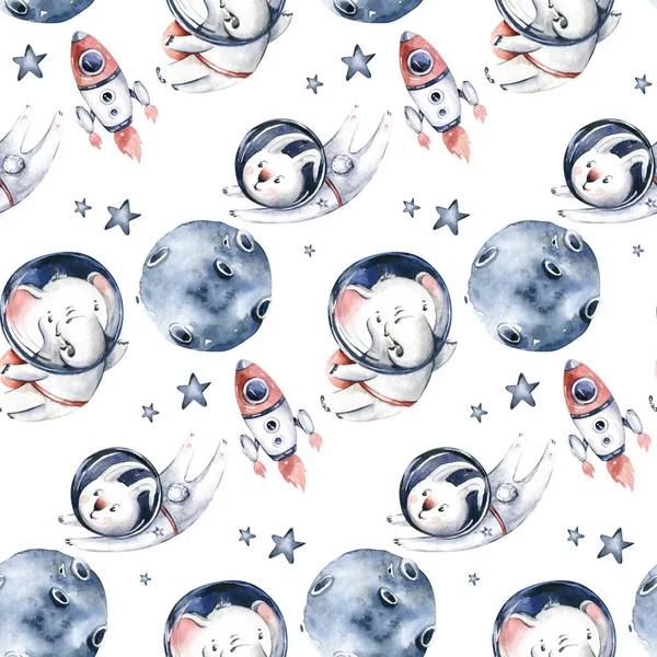 Astronaut seamless pattern. Universe kids Baby boy girl elephant, fox cat and bunny, space suit, cosmonaut stars, planet, moon, rocket and shuttle watercolor space ship background.
