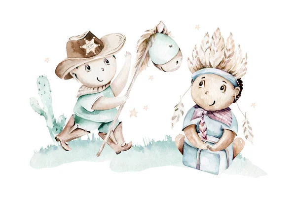 干し草の玉のイラストに座ってカウボーイハットの西の赤ちゃんの男の子カウボーイ 漫画の保安官はアメリカの部族のティーピーのデザイン 野生の西の誕生日招待状 — ストック写真