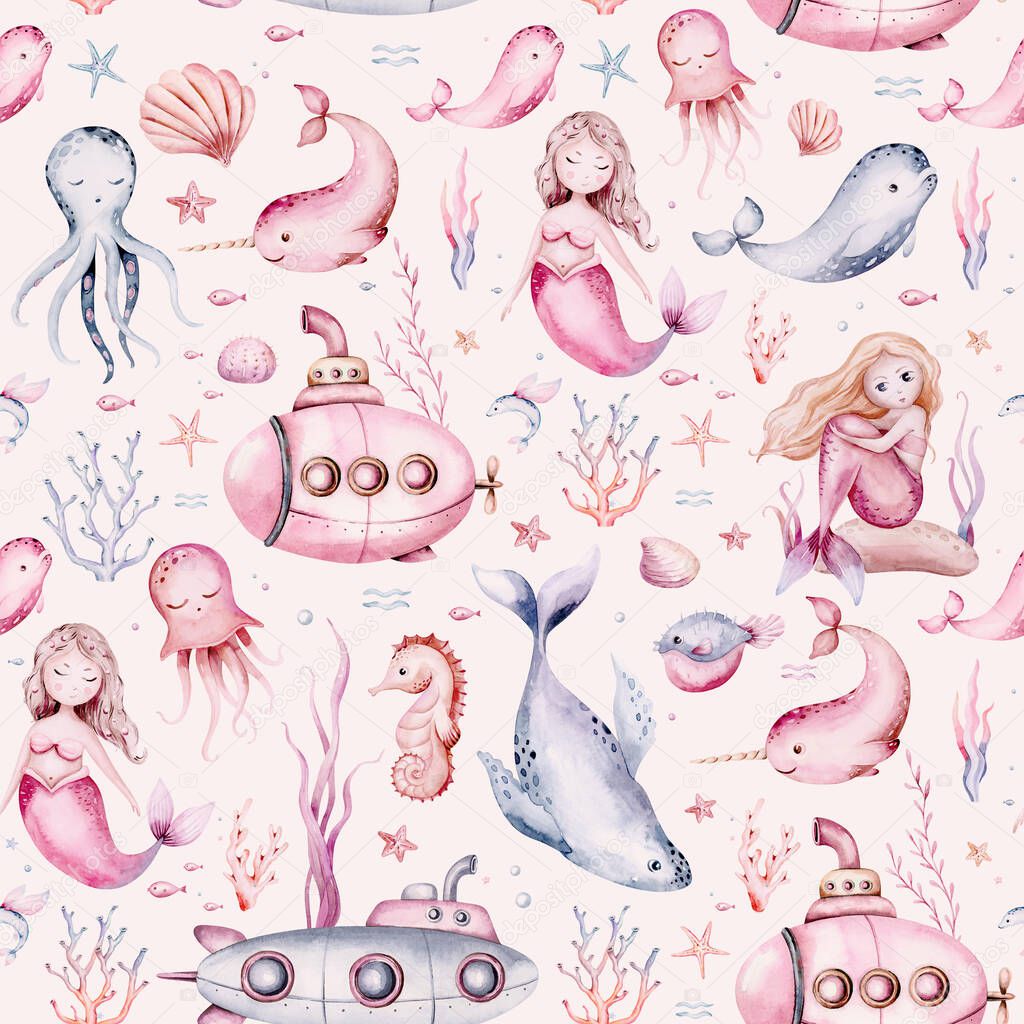 Watercolor sea pattern with mermaids, corals, seahorse. backgroud for children's room design and textiles with submarine seaweed, unicorn-fish, fish and jellyfish