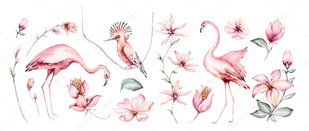 Tropical watercolor birds hummingbird, monkey and jaguar, exotic jungle plants leaves flowers, flamingo pastel color seamless fabric background.