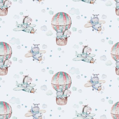 Watercolor airplane kid seamless pattern. Watercolor toy background baby cartoon cute pilot hippopotamus, zebra with hippo, lion aviation sky transport airplanes, clouds