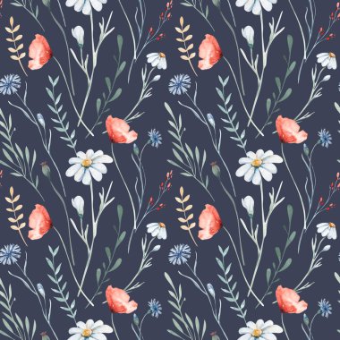 Watercolor wildflowers seamless pattern with poppy, cornflower chamomile, rye and wheat spikelets background.