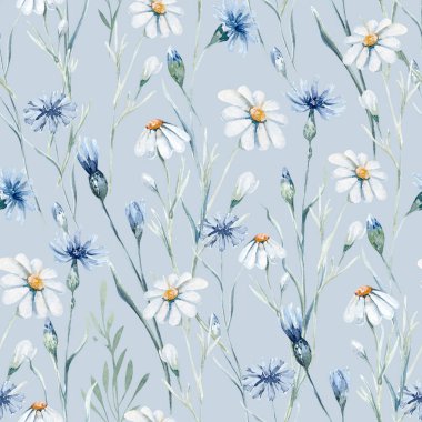 Watercolor wildflowers seamless pattern with poppy, cornflower chamomile, rye and wheat spikelets background.