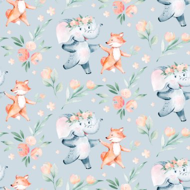 Watercolor seamless pattern with dancing elephant and fox forest animals on white background. Childish animal illustration. Happy birthday, celebration concept