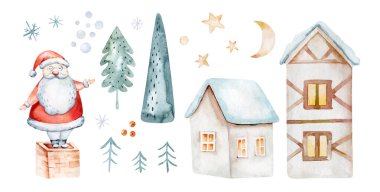 Watercolor Merry Christmas illustration with snowman, christmas tree, santa holiday invitation. Christmas gift celebration cards. Winter new year design