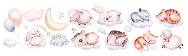 Watercolor elephant animal illustration of a cute baby sheep, lamb, sleeping rabbit and bunny, koala and deer fawn on the moon and the cloud. Baby Shower fox nursery Theme Invitation.
