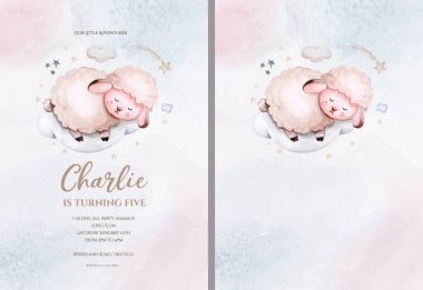 Watercolor hand drawn illustration of a cute baby sheep, lamb, sleeping on the moon and the cloud. Baby Shower Theme Invitation birthday Template.