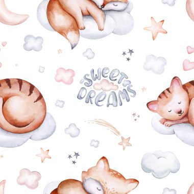 Watercolor pattern for children with sleeping baby fox. baby fabric, poster pink with beige and blue clouds, moon, sun. Nursery kitty print illustration textile.