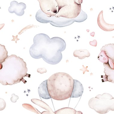 Watercolor pattern for children with sleeping baby bunny sheep and rabbit. baby fabric, poster pink with beige and blue clouds, moon, sun. Nursery kitty print illustration textile.