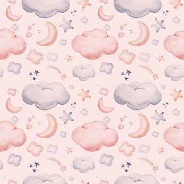 Seamless pattern with blue clouds, gold stars and moons. Watercolor hand drawn kids illustration. white isolated nursery background.