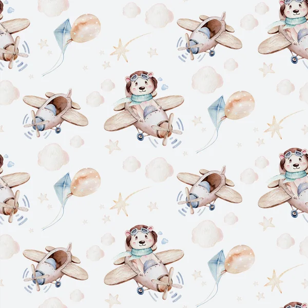 Watercolor Airplane Kid Seamless Pattern Watercolor Toy Background Baby Cartoon — Stock Fotó