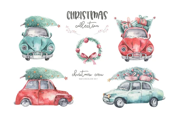 Acuarela Navidad Tarjeta Vacaciones Ilustración Transporte Feliz Navidad Diseño Del —  Fotos de Stock