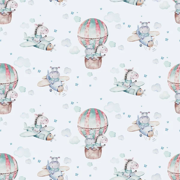 Watercolor Airplane Kid Seamless Pattern Watercolor Toy Background Baby Cartoon — Stockfoto