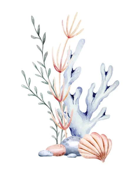 Tengeri Állatok Halmaza Kék Akvarell Óceán Hal Teknős Bálna Korall — Stock Fotó