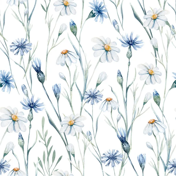 Watercolor Wildflowers Seamless Pattern Poppy Cornflower Chamomile Rye Wheat Spikelets — Fotografia de Stock