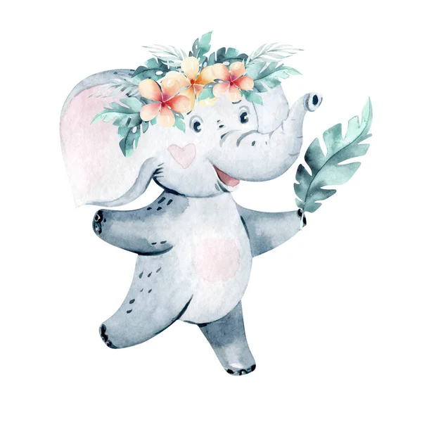 Hand drawn watercolor elephant dancing animals. Boho illustrations, jungle tree, brazil trendy art. Perfect for fabric design. Aloha collection