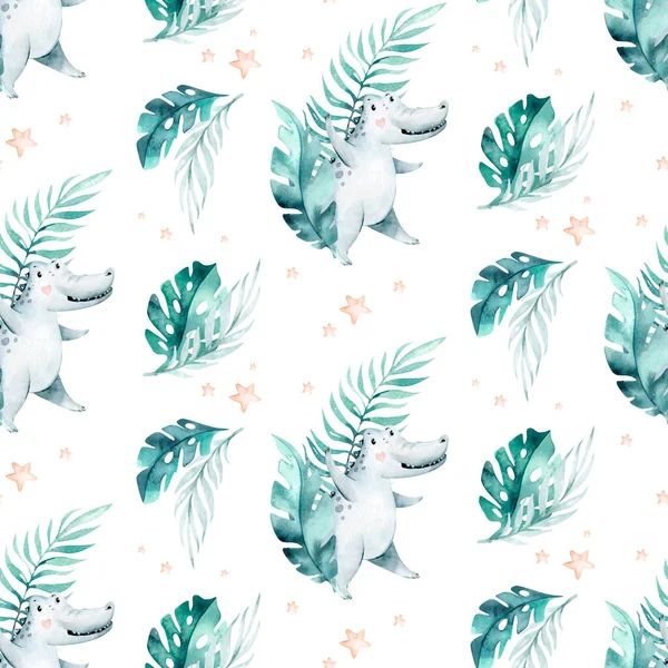 Seamless cartoon crocodiles pattern. Watercolor tropic african illustration with watercolor alligators and Africa palms. Tropical leaves Fabric background.