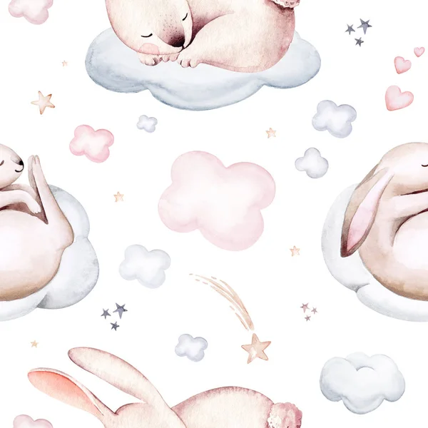 Watercolor Rabbit Pattern Children Sleeping Baby Bunny Baby Fabric Poster — 스톡 사진