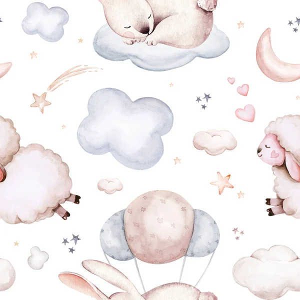 Watercolor Pattern Children Sleeping Baby Bunny Sheep Rabbit Baby Fabric — Stockfoto