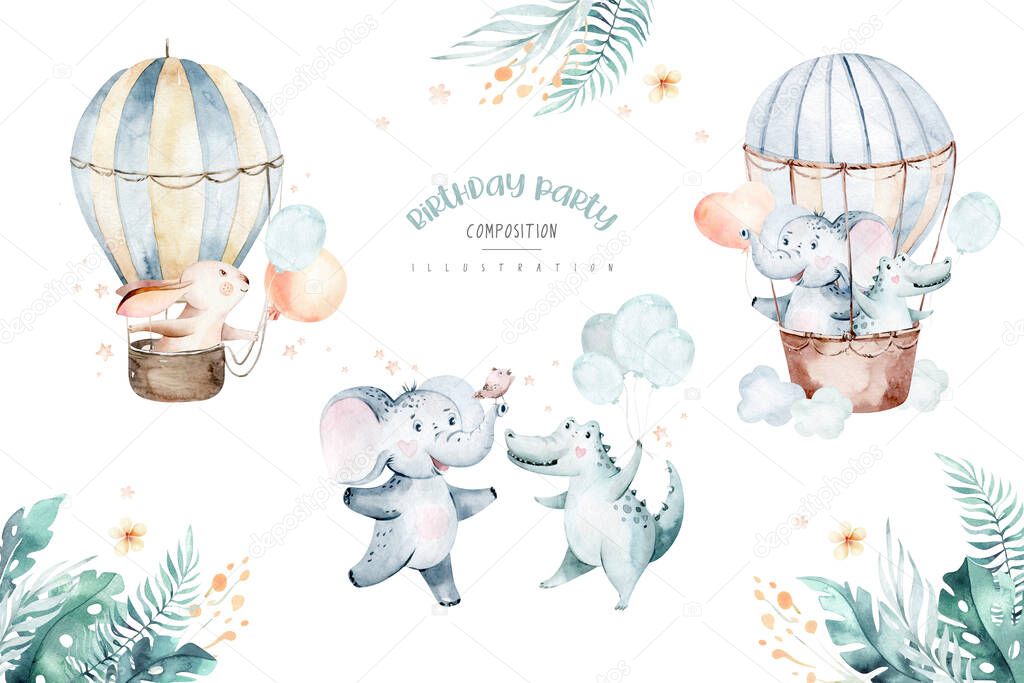 Cute baby birthday party nursery watercolor dancing fox, elephant and bunny, crocodile, giraffe nad bear rabbit animal isolated illustration for children baby shower. Tropical forest and jungle nursery posters.