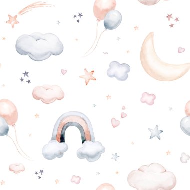 Seamless pattern with blue clouds, gold stars and moons. Watercolor hand drawn kids illustration. white isolated nursery background.