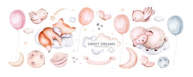 Watercolor animal illustration of a cute baby sheep, lamb, sleepingon the moon and the cloud. Baby Shower fox nursery Theme Invitation.