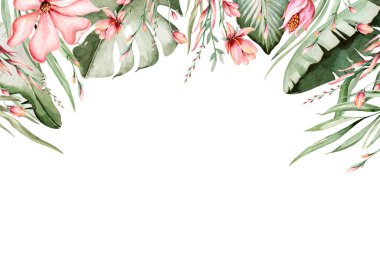 Tropical watercolor birds hummingbird, monkey and jaguar, exotic jungle plants leaves flowers, flamingo pastel color seamless fabric background.