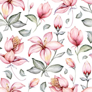 Tropical watercolor birds hummingbird, monkey and jaguar, exotic jungle plants leaves flowers, flamingo pastel color seamless fabric background.