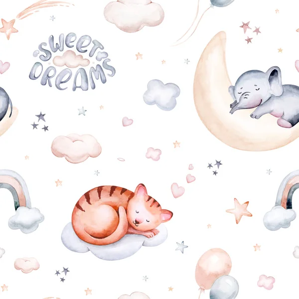 Watercolor Pattern Children Sleeping Baby Cat Elephant Baby Fabric Poster — Stok fotoğraf