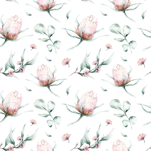 Protea Fleur Motif Sans Couture Feuilles Tropicales Aquarelle Illustration Peinte — Photo