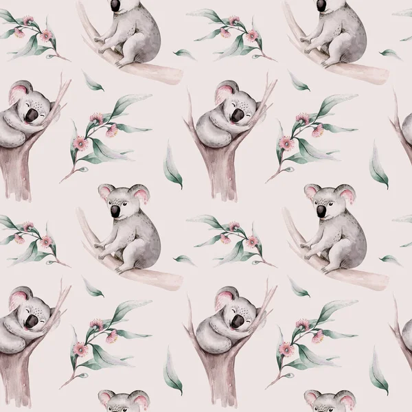 Acuarela Sin Costuras Patrón Dibujos Animados Bebé Koala Animal Tropical —  Fotos de Stock