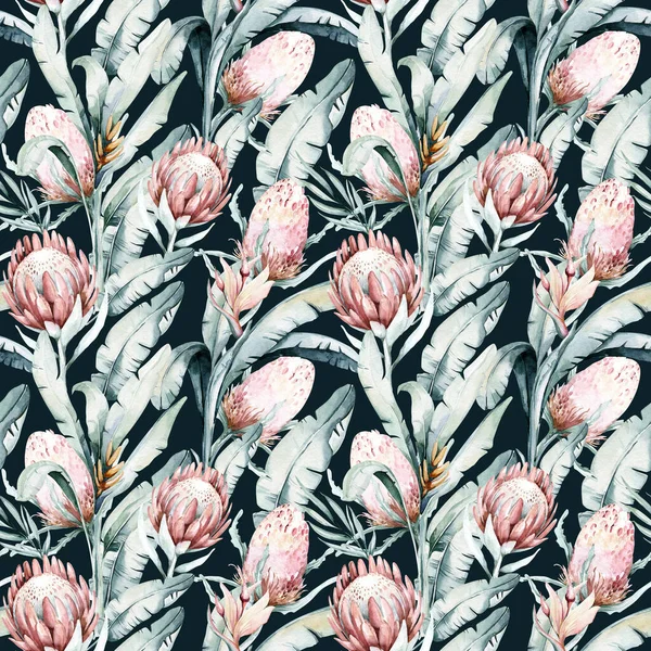 Protea Flor Patrón Sin Costura Hojas Tropicales Acuarela Ilustración Pintada —  Fotos de Stock