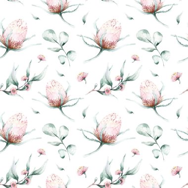 Protea kusursuz desenli çiçek. suluboya tropikal yapraklar, egzotik çiçek elementlerinin el boyaması çizimi, tebrik kartları ve davetiyeler için kullanılabilir.