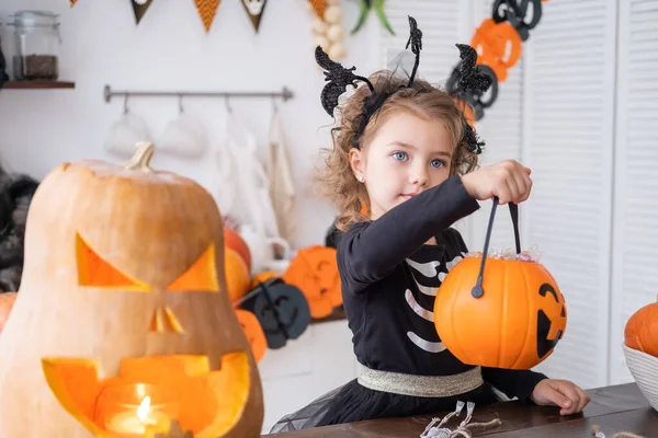 Cadı kostümü içinde küçük şirin bir kız elinde şekerle balkabağı Jack 'i tutuyor mutfakta eğleniyor, Cadılar Bayramı' nı kutluyor..