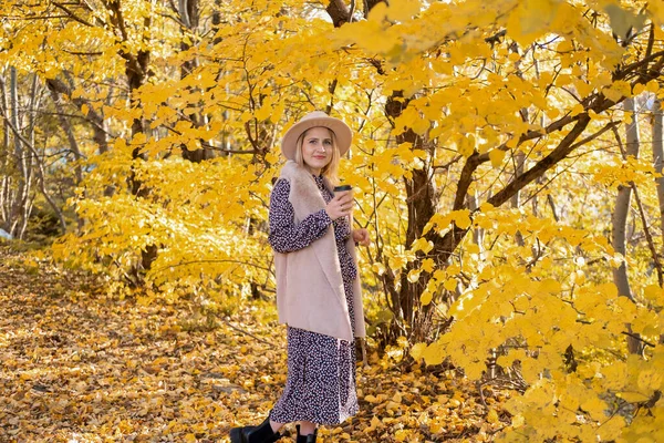 Mulher bonita na roupa na moda e o chapéu bebe o café na natureza no outono — Fotografia de Stock