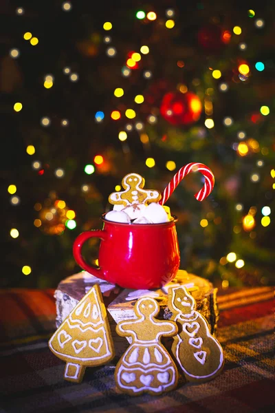 Červený Šálek Kakaem Marshmallows Domácí Perník Tradiční Vánoční Ozdoby — Stock fotografie