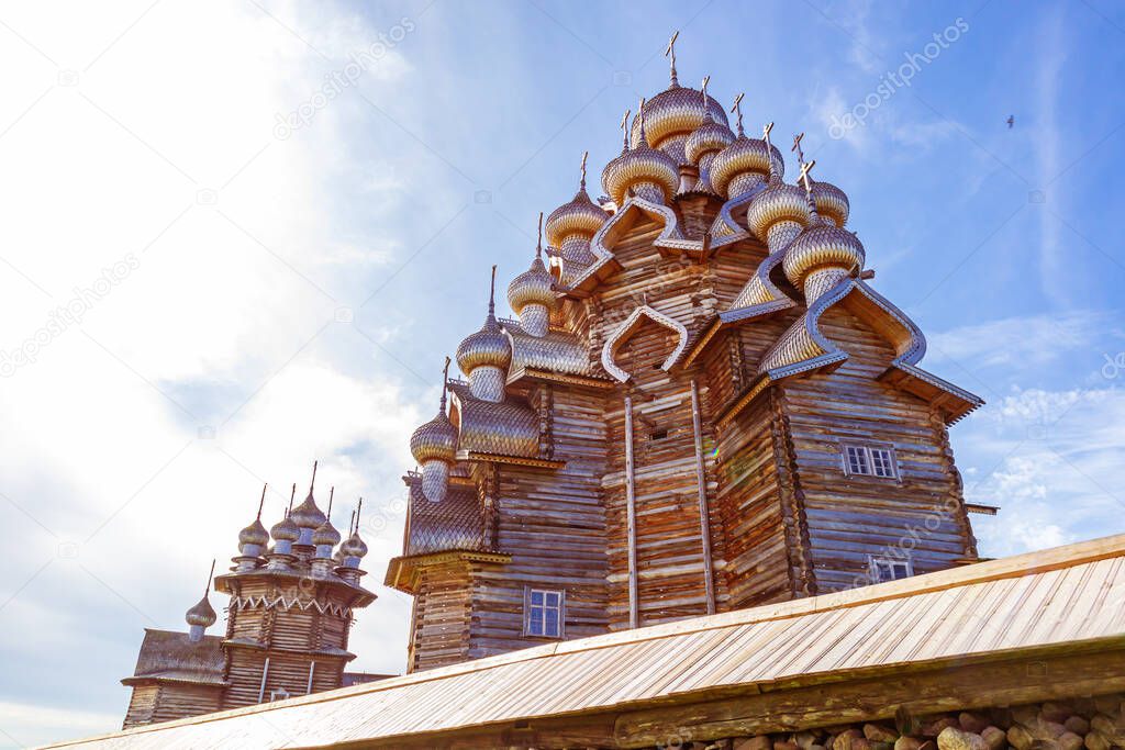 The main ensemble of the Kizhi open air museum. Monuments of wooden architecture: churches and a bell tower. Kizhi Island, Karelia, Russia. Details. 