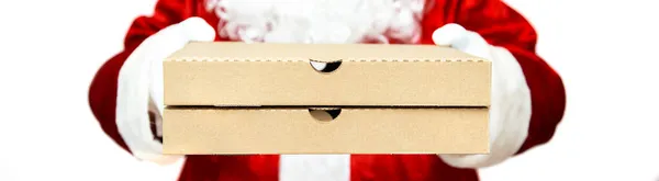 Pizzalådor Jultomtens Händer Julen Snabbmat Leverans Nyårsafton Befordran Banner Isolerad — Stockfoto