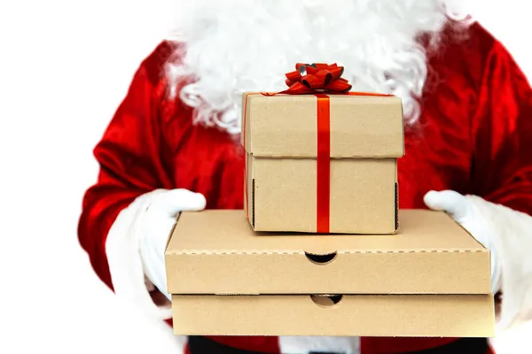 Pizza Boxes Gift Hands Santa Claus Christmas Fast Food Delivery — Stock Photo, Image